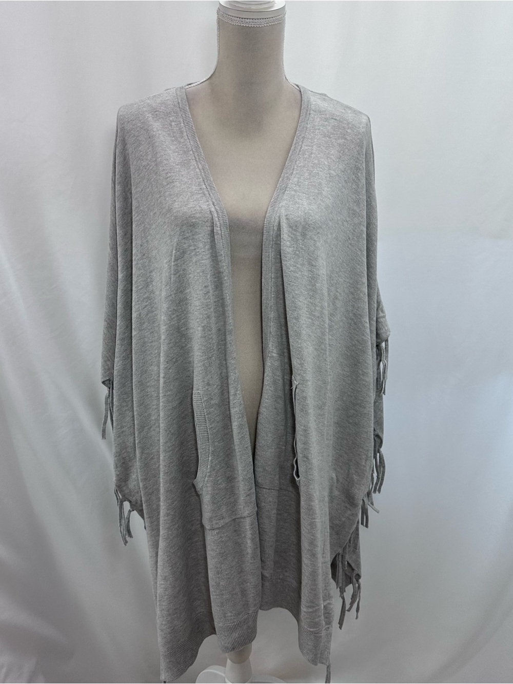 DKNY Light Gray Open-Front Fringe Cardigan